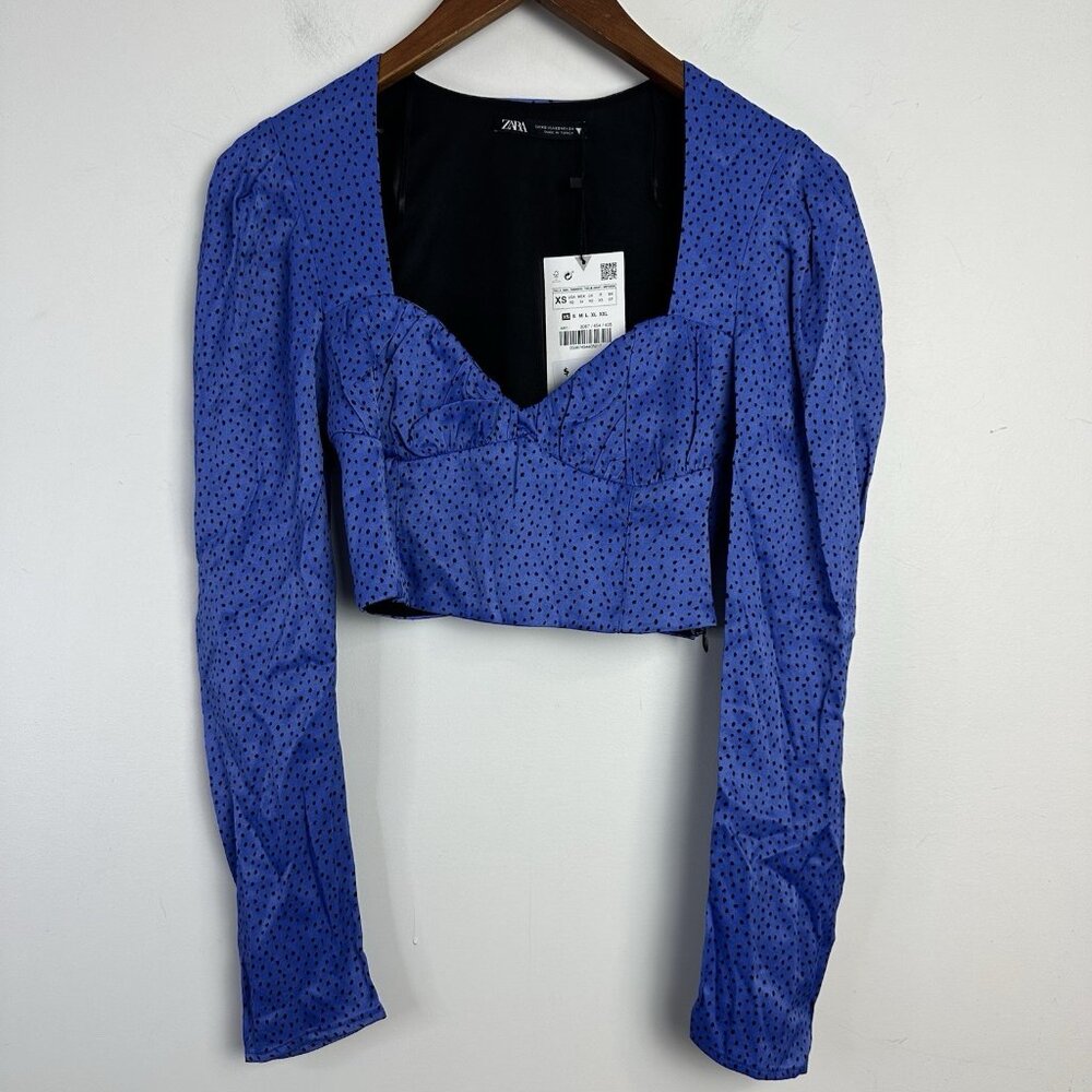 Zara Womens Blue Crop Top Size XS Satin Babydoll Long Sleeve Polka Dot Y2K Party